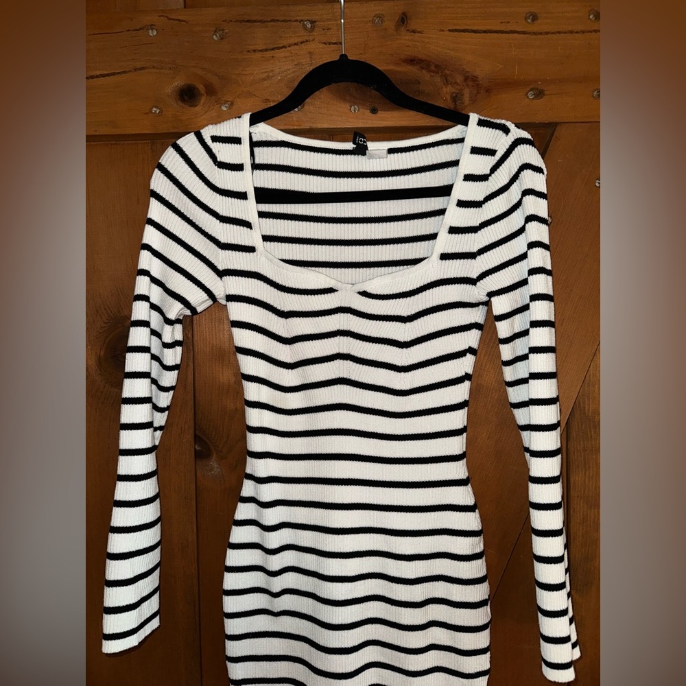 H&M Divided Black & White Striped Long Sleeve Bodycon Dress Sz Small - Picture 2 of 7